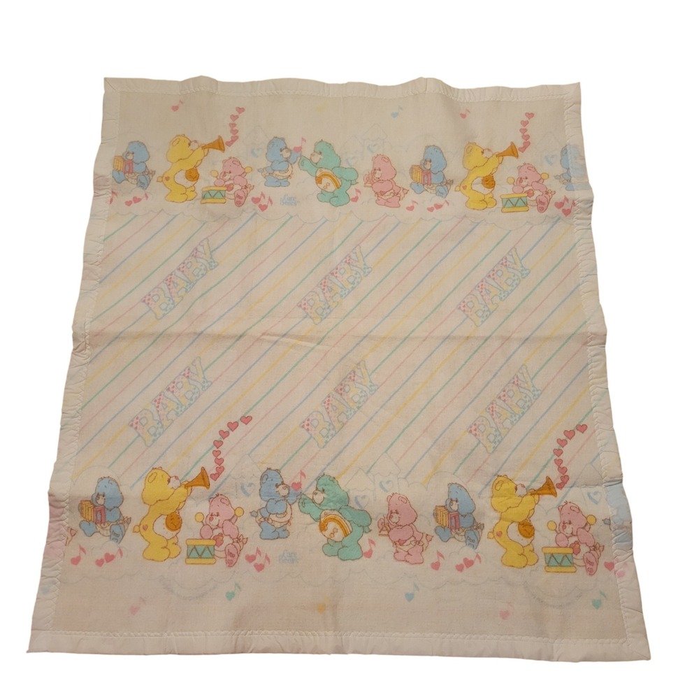 Care Bears Baby Blanket Pastel Musical Parade Vintage Cannon Mills Satin Trim